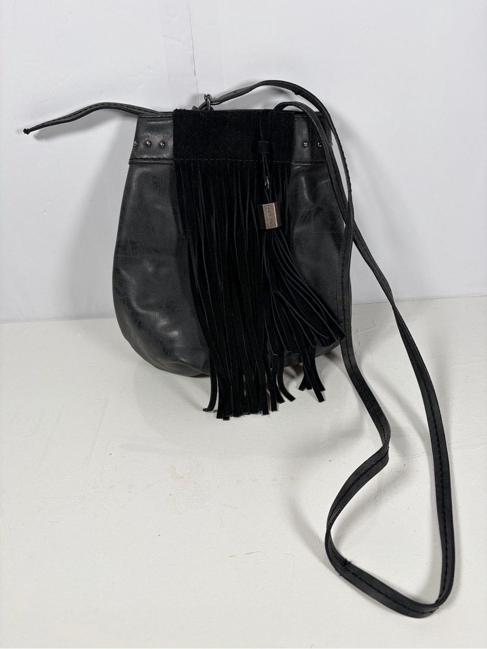 Dolce Vita Fringe Crossbody Bag Gray Black Faux Leather Boho Studded